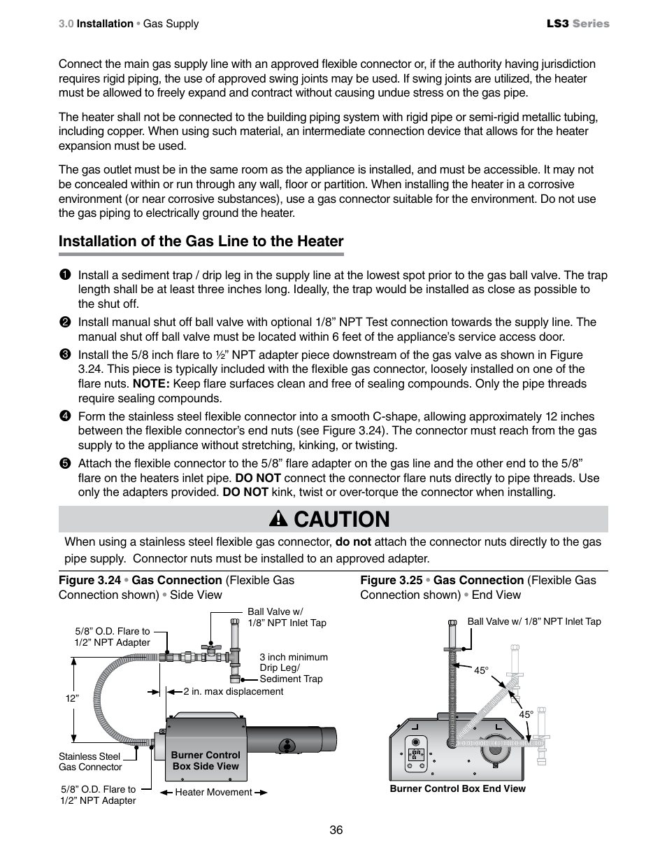 Caution, Installation of the gas line to the heater 1 | Detroit Radiant Products Company LS3 Series User Manual | Page 36 / 60