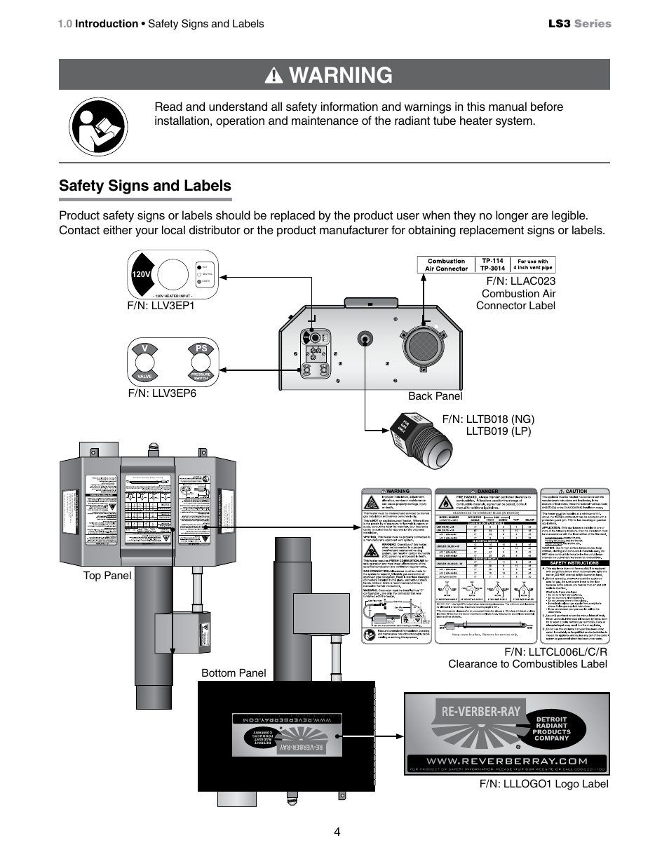 Warning, Safety signs and labels | Detroit Radiant Products Company LS3 Series User Manual | Page 4 / 60