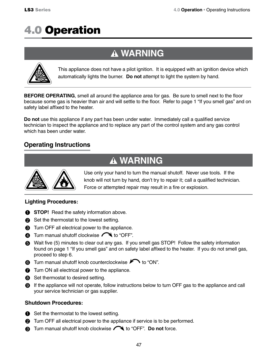 0 operation, Warning | Detroit Radiant Products Company LS3 Series User Manual | Page 47 / 60