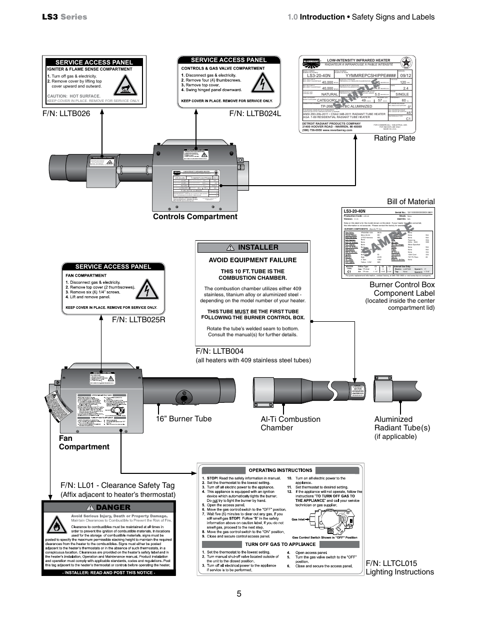 Sa mp le, Ls3 series, 0 introduction • safety signs and labels | Rating plate aluminized radiant tube(s), F/n: lltcl015 lighting instructions, F/n: lltb025r, F/n: lltb004, F/n: lltb024l, F/n: lltb026, Bill of material | Detroit Radiant Products Company LS3 Series User Manual | Page 5 / 60