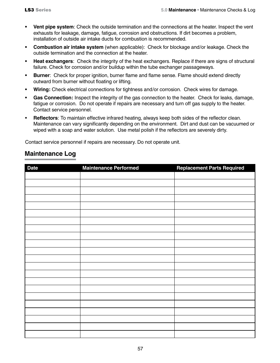Maintenance log | Detroit Radiant Products Company LS3 Series User Manual | Page 57 / 60