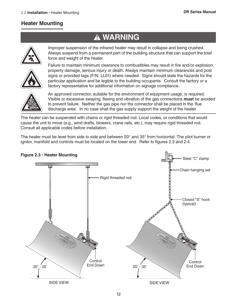 Warning, Heater mounting | Detroit Radiant Products Company DR Series User Manual | Page 12 / 24