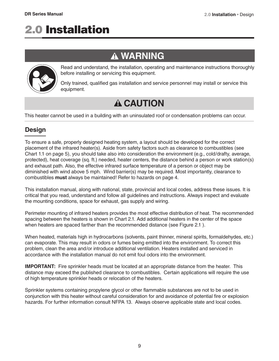 0 installation, Warning, Caution | Detroit Radiant Products Company DR Series User Manual | Page 9 / 24