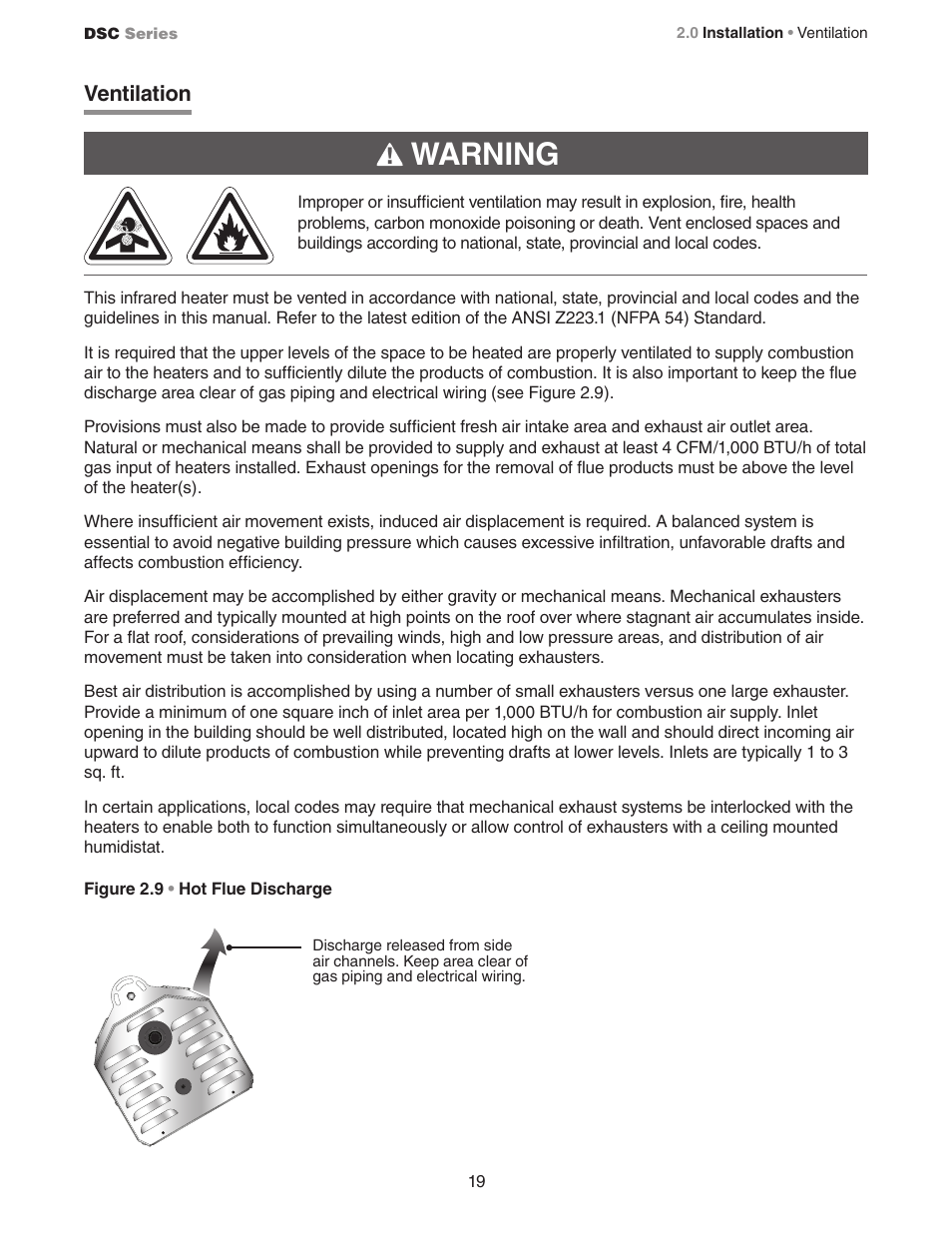 Warning, Ventilation | Detroit Radiant Products Company DSC Series User Manual | Page 19 / 28
