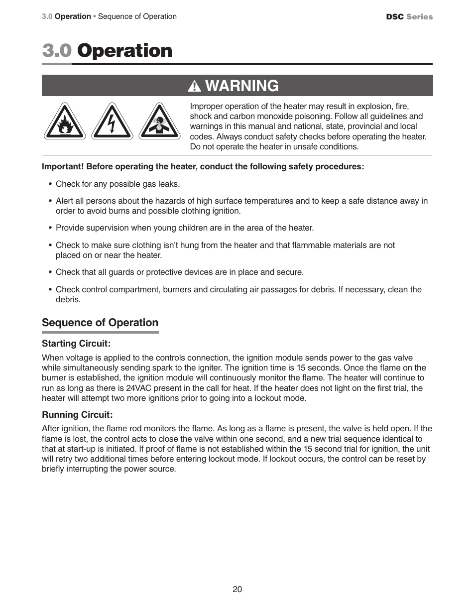 0 operation, Warning | Detroit Radiant Products Company DSC Series User Manual | Page 20 / 28