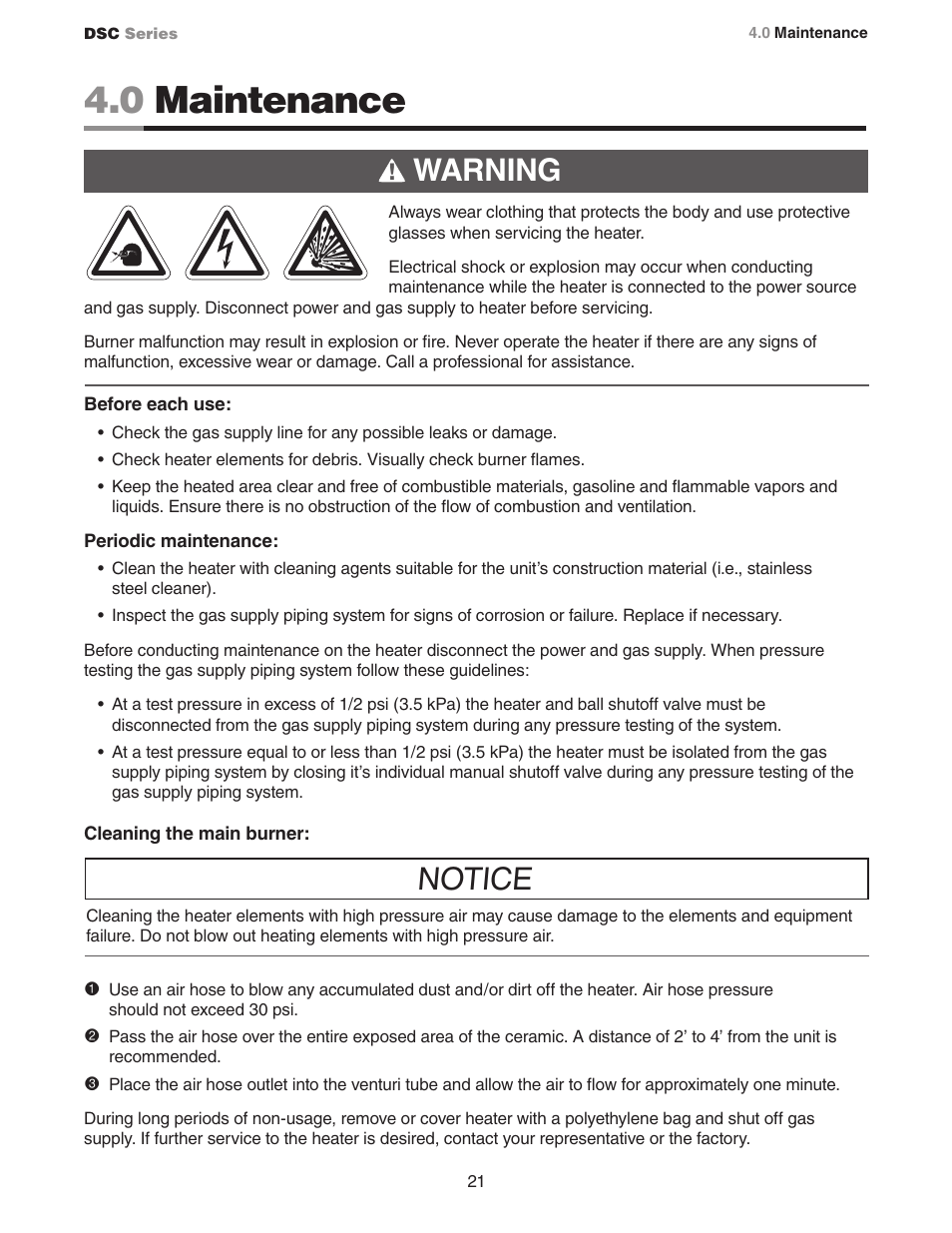 0 maintenance, Warning, Notice | Detroit Radiant Products Company DSC Series User Manual | Page 21 / 28