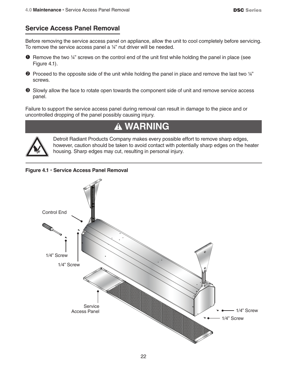 Warning, Service access panel removal | Detroit Radiant Products Company DSC Series User Manual | Page 22 / 28