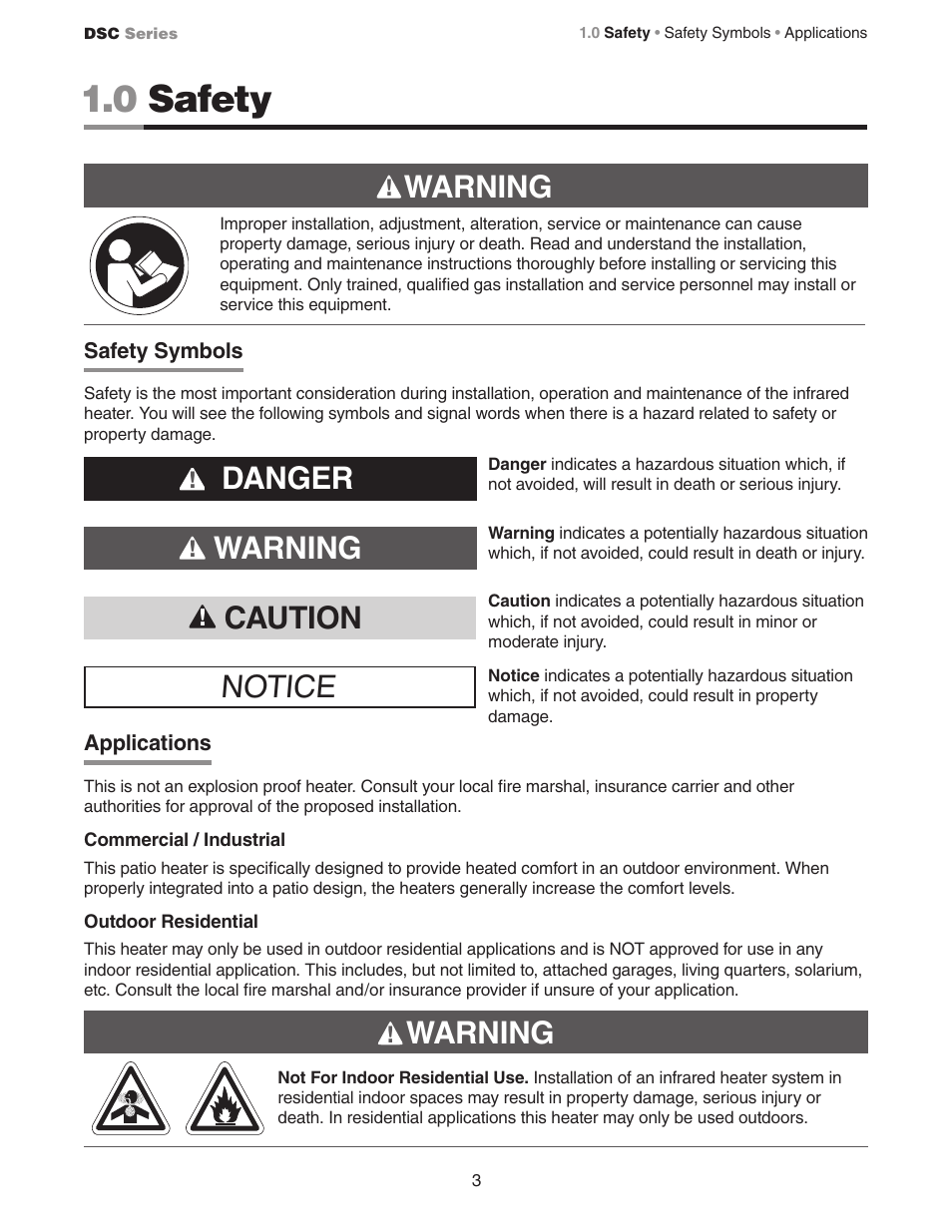 0 safety, Notice caution, Warning | Danger | Detroit Radiant Products Company DSC Series User Manual | Page 3 / 28
