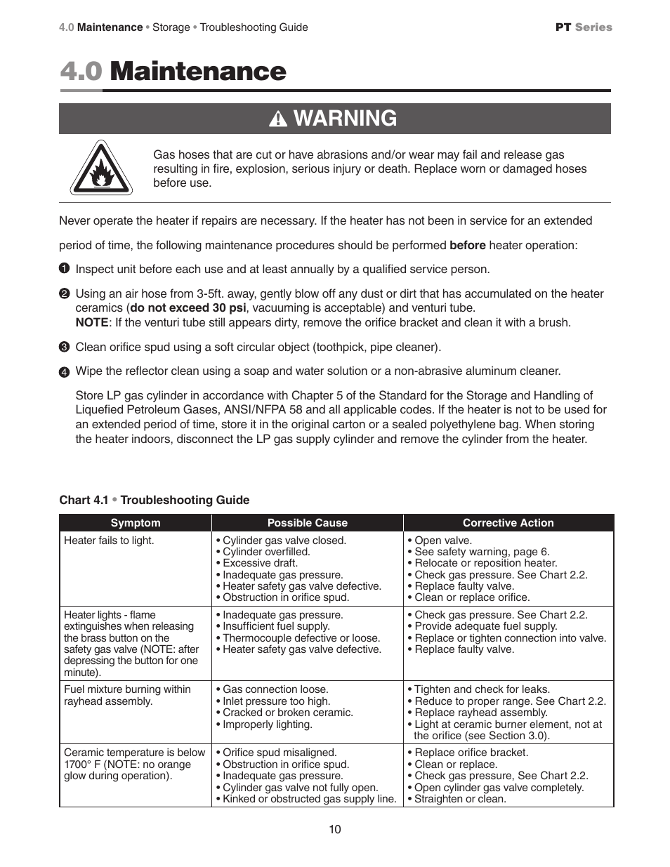 0 maintenance, Warning | Detroit Radiant Products Company PT Series User Manual | Page 10 / 12
