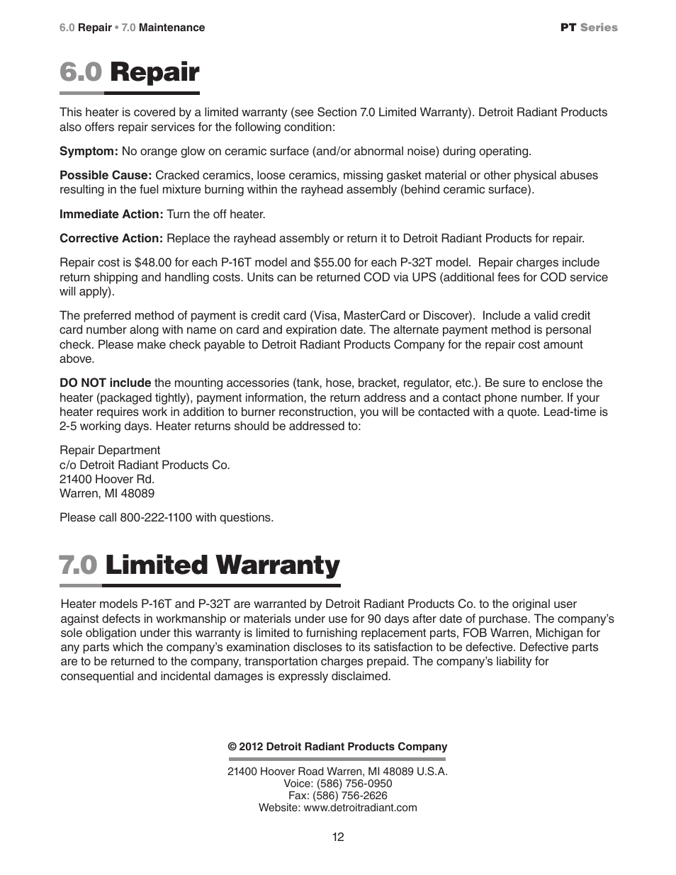 0 repair, 0 limited warranty | Detroit Radiant Products Company PT Series User Manual | Page 12 / 12