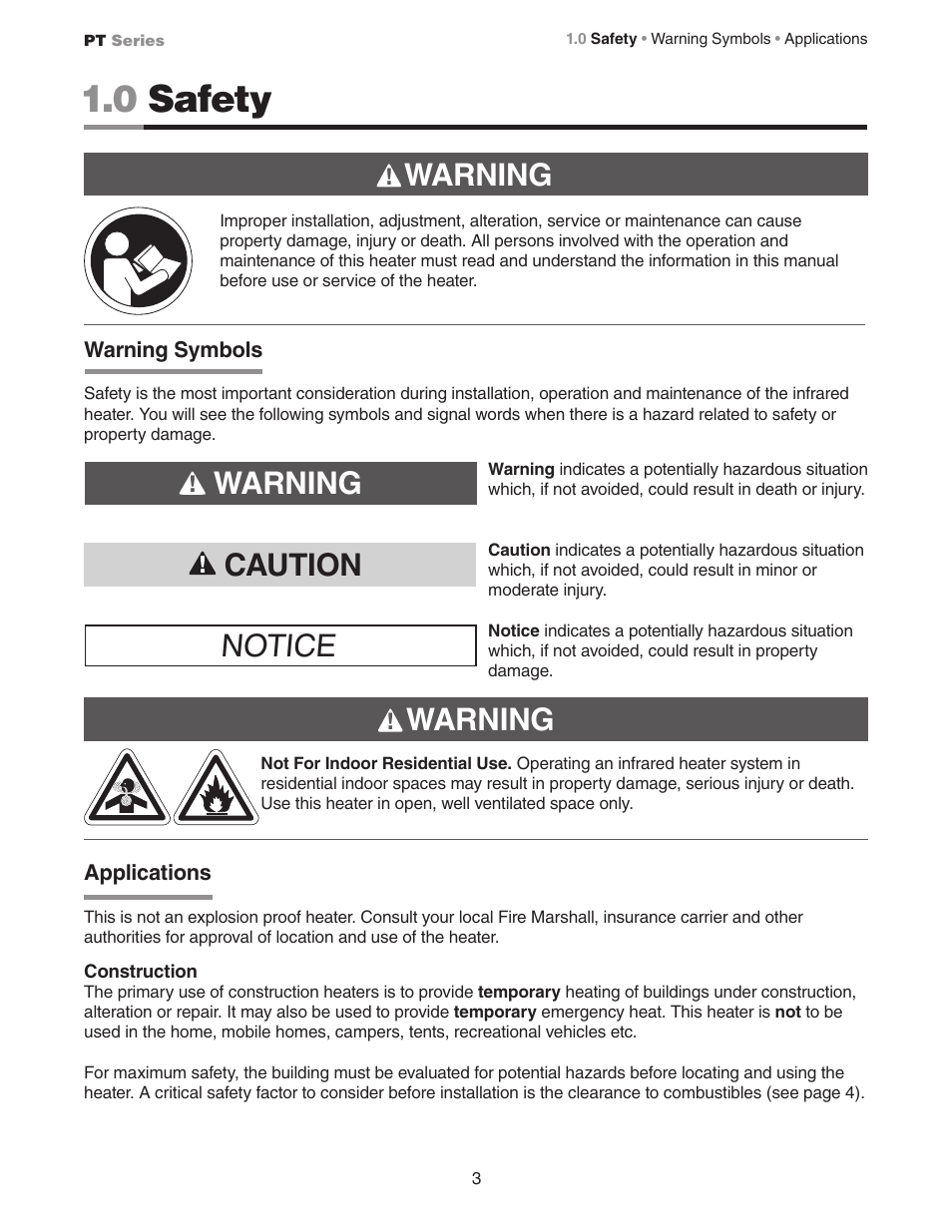 0 safety, Notice warning, Caution | Warning | Detroit Radiant Products Company PT Series User Manual | Page 3 / 12