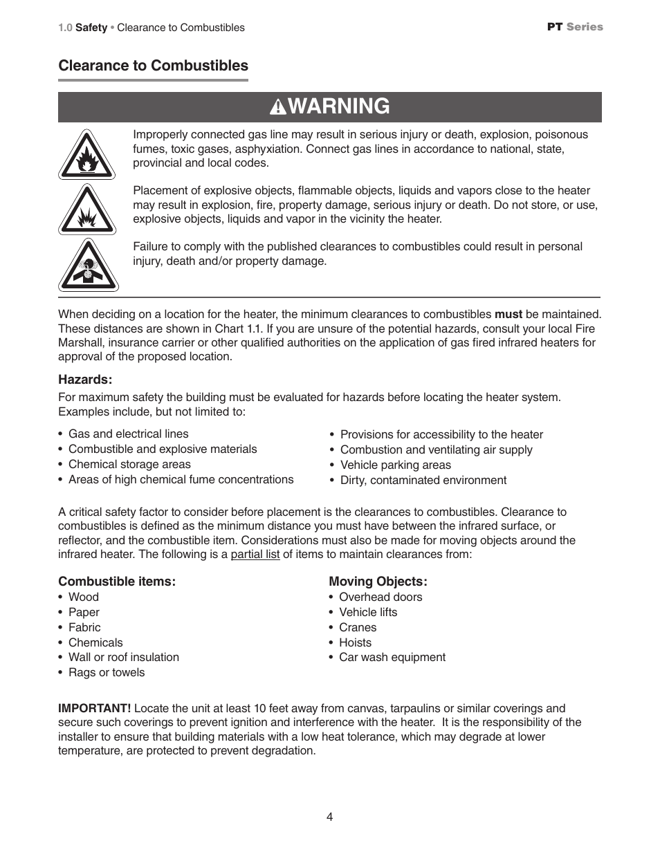 Warning, Clearance to combustibles | Detroit Radiant Products Company PT Series User Manual | Page 4 / 12