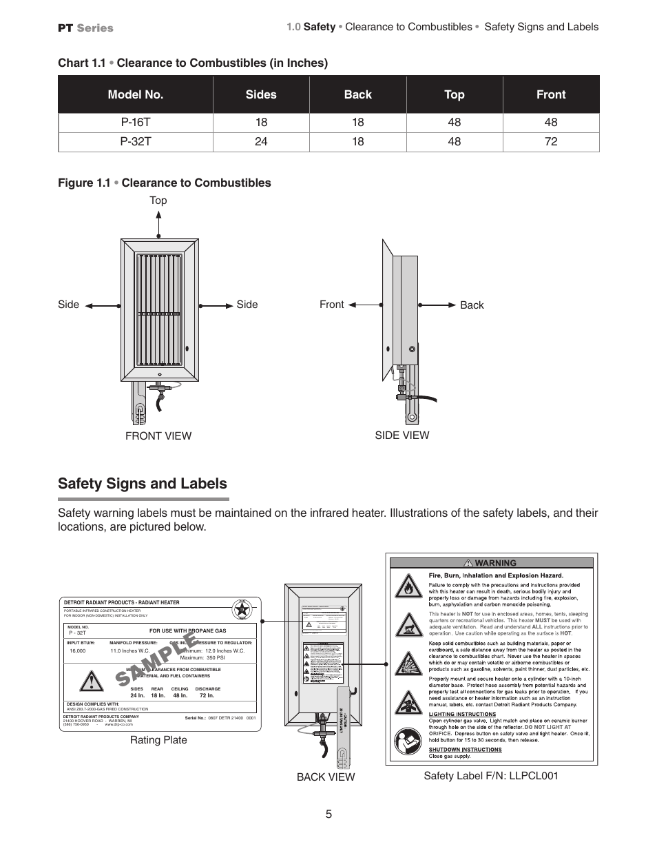 Sa mp le, Safety signs and labels, Chart 1.1 • clearance to combustibles (in inches) | Detroit Radiant Products Company PT Series User Manual | Page 5 / 12