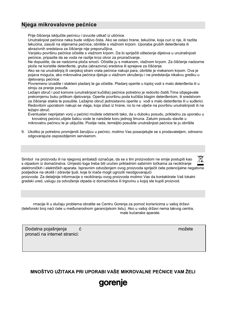 Njega mikrovalovne pešnice, Okolina, Garancija i servis | Gorenje GMO-20 DW User Manual | Page 14 / 97