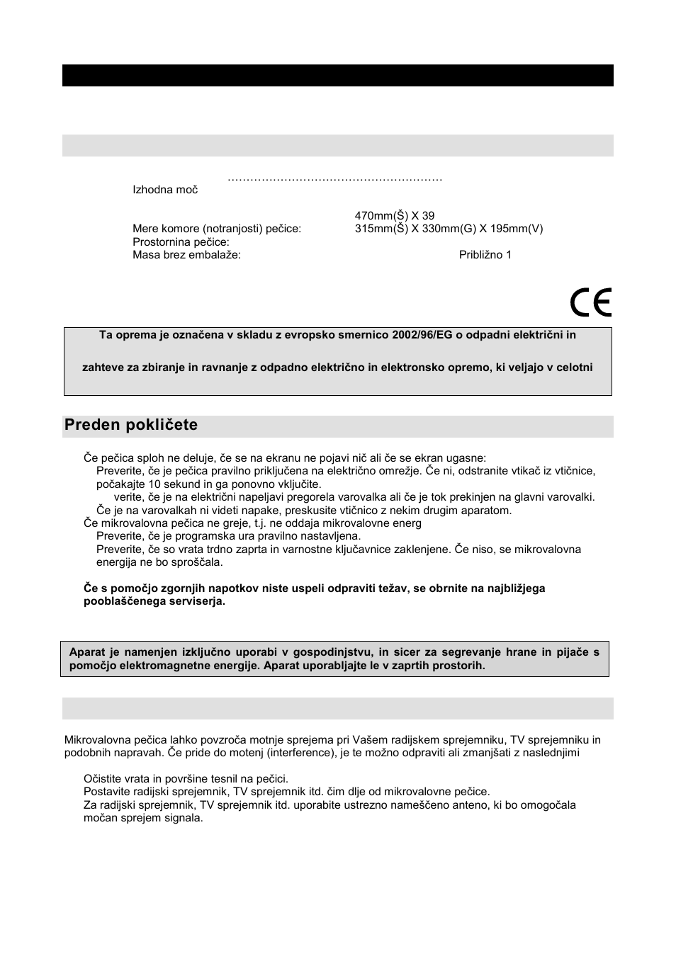 Navodila za uporabo sl, Specifikacije, Preden pokliţete serviserja | Radijske motnje (interference) | Gorenje GMO-20 DW User Manual | Page 3 / 97