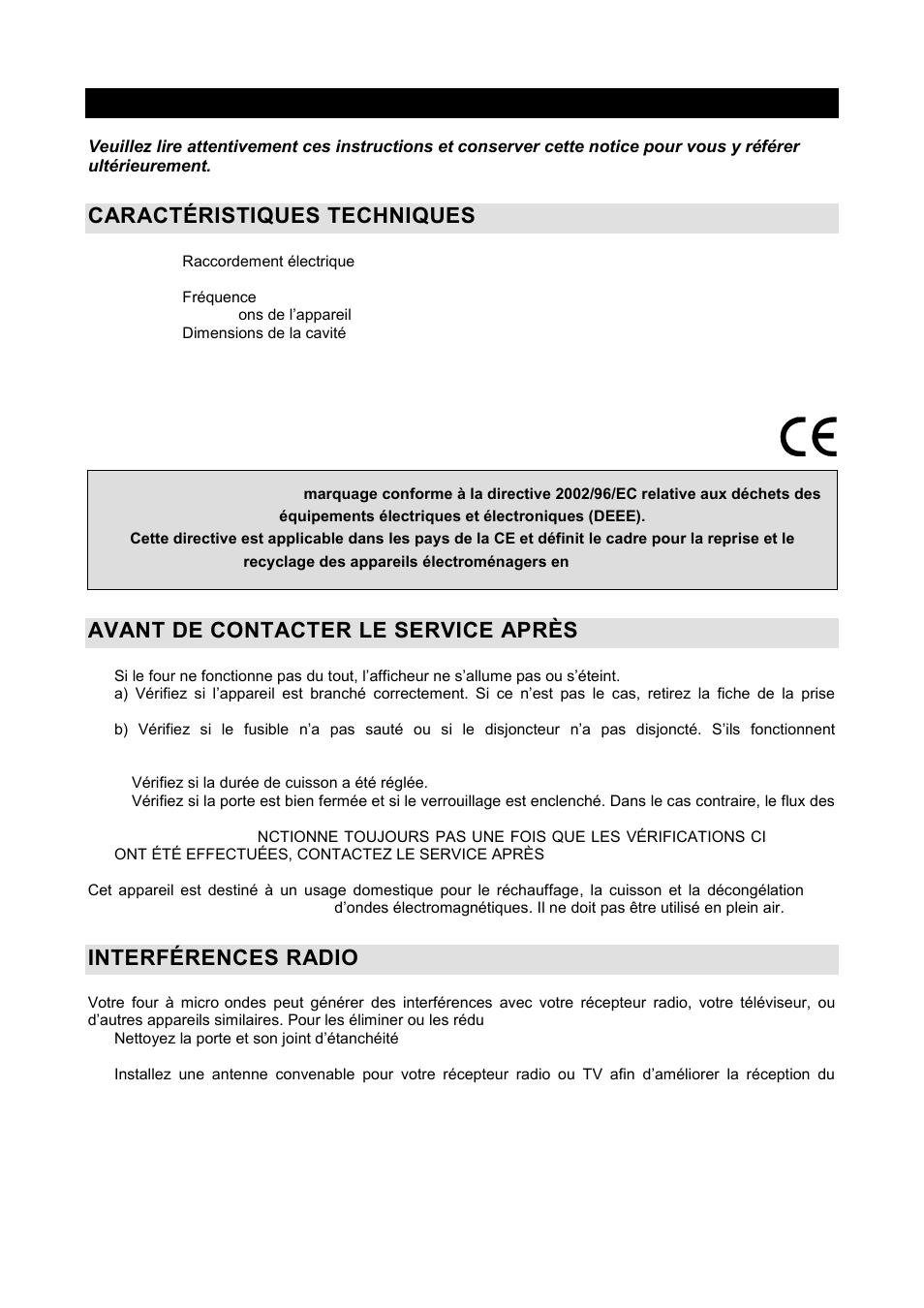 Notice d'utilisation fr, Caractéristiques techniques, Avant de contacter le service après-vente | Interférences radio | Gorenje GMO-20 DW User Manual | Page 41 / 97