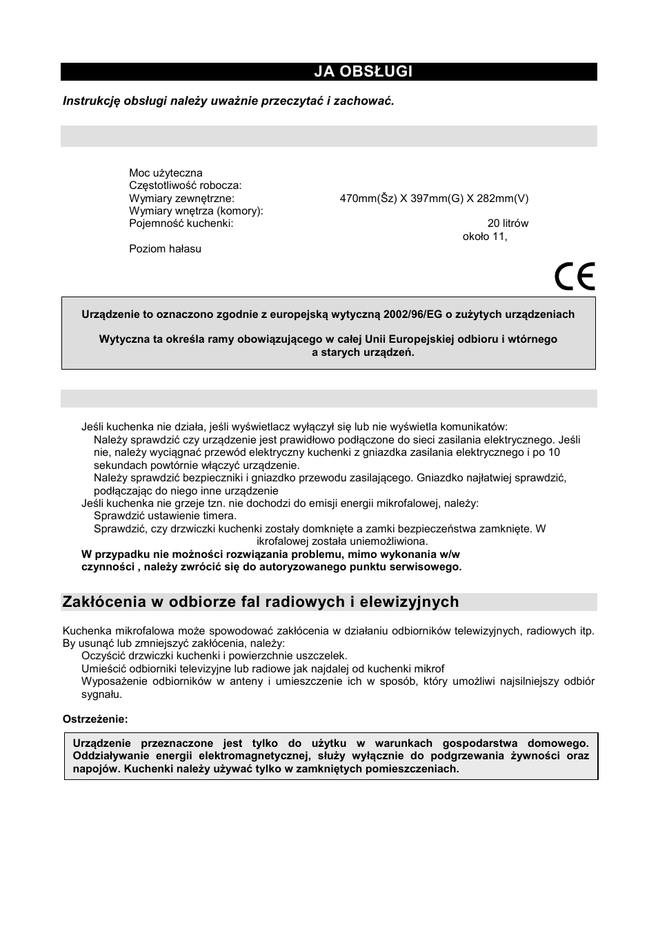 Instrukc ja obsługi pl, Charakterystyki techniczne, Przed wezwaniem serwisu | Zakłócenia w odbiorze fal radiowych i elewizyjnych | Gorenje GMO-20 DW User Manual | Page 54 / 97