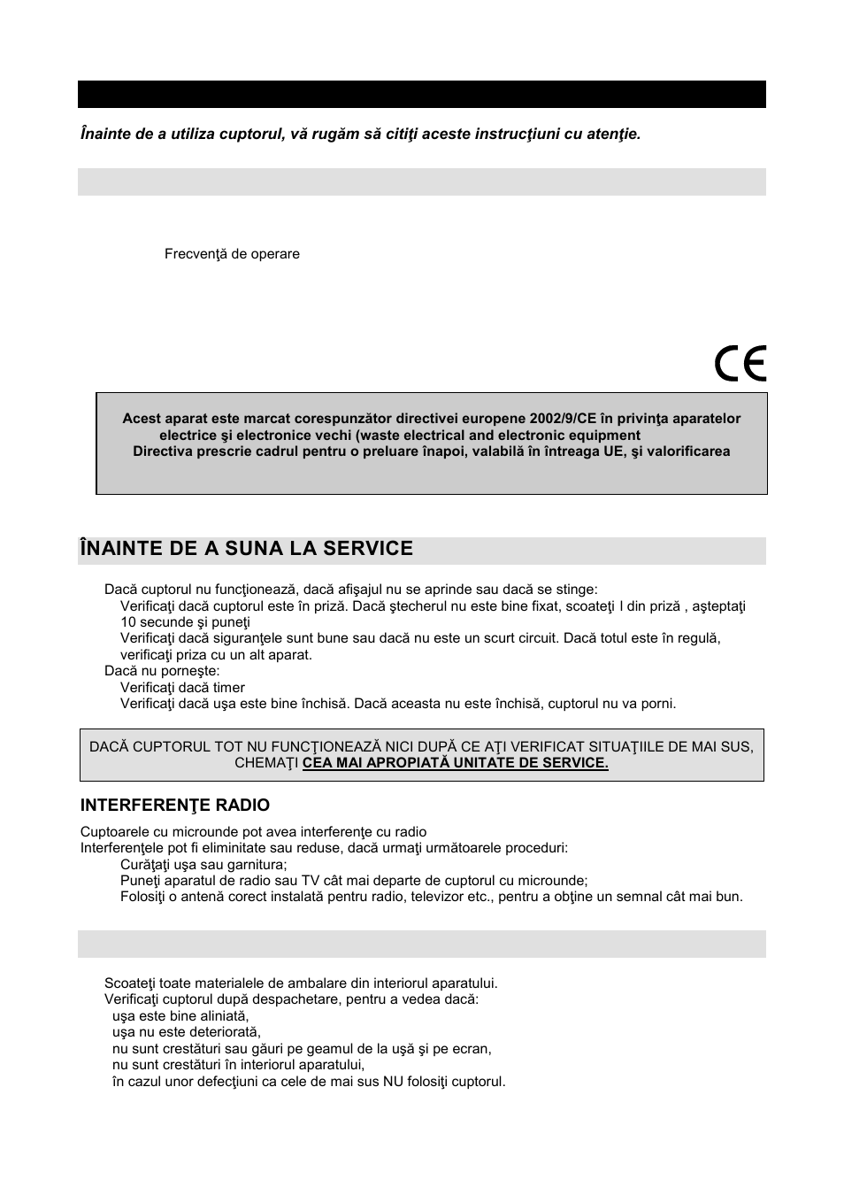 Manual de utilizare ro, Caracteristici, Înainte de a suna la service | Instalare, Interferenŝe radio | Gorenje GMO-20 DW User Manual | Page 61 / 97