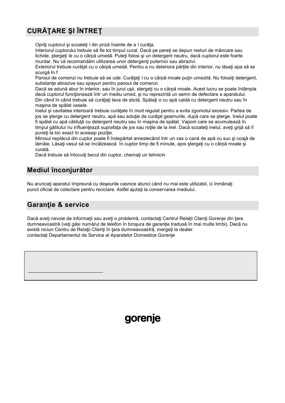 Curăŝare şi întreŝinere, Mediul înconjurător, Garanŝie & service | Gorenje GMO-20 DW User Manual | Page 66 / 97