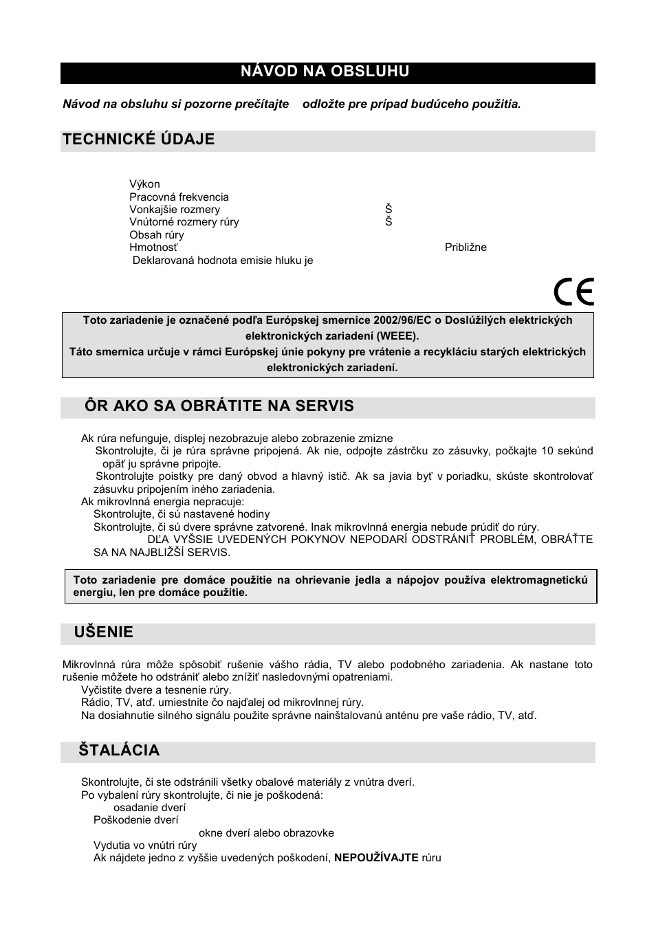 Návod na obsluhu sk, Technické údaje, Sk ôr ako sa obrátite na servis | Ruńenie | Gorenje GMO-20 DW User Manual | Page 67 / 97