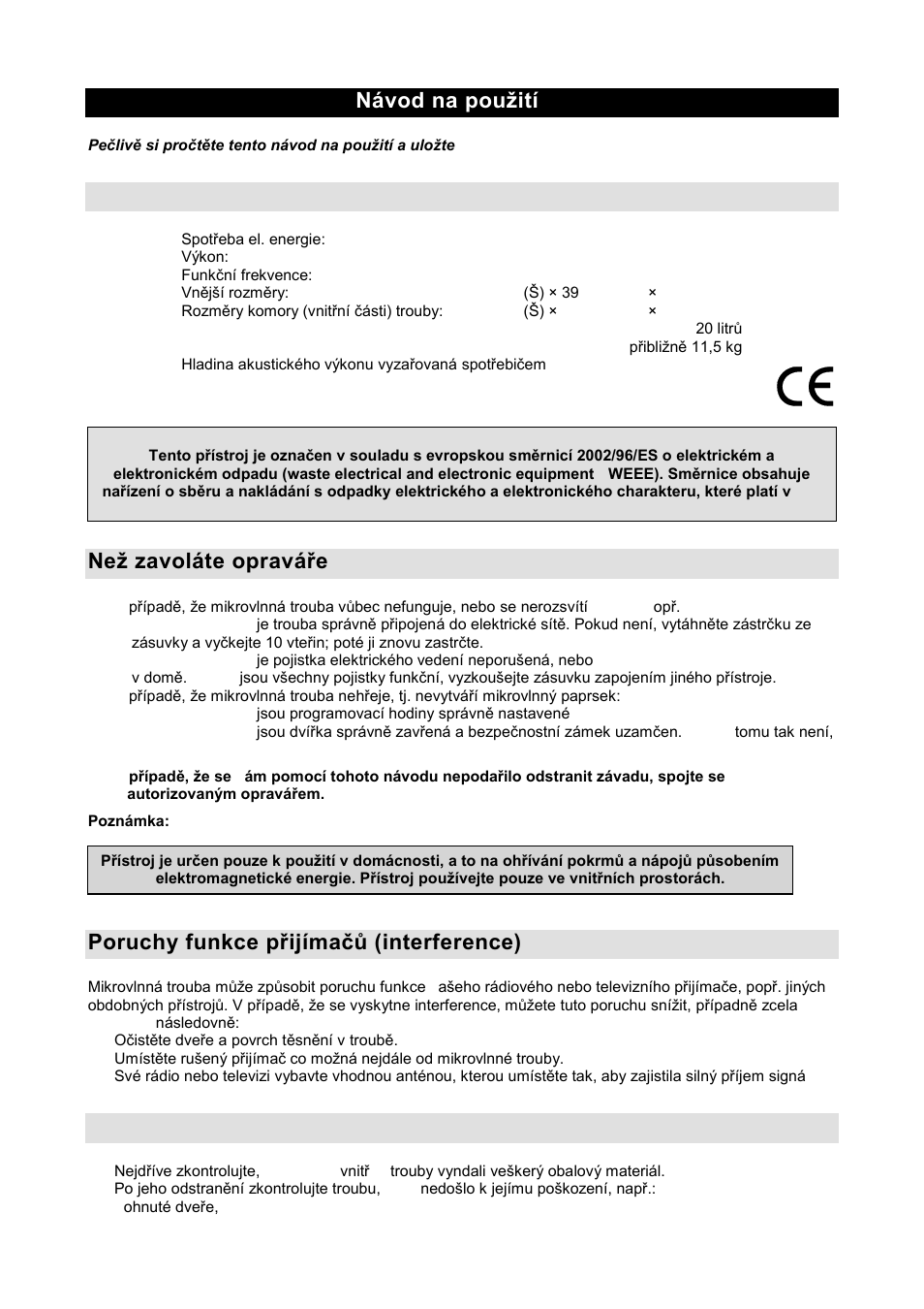 Návod na pouņití cz, Specifikace, Neņ zavoláte opraváře | Poruchy funkce přijímaţš (interference), Instalace | Gorenje GMO-20 DW User Manual | Page 73 / 97