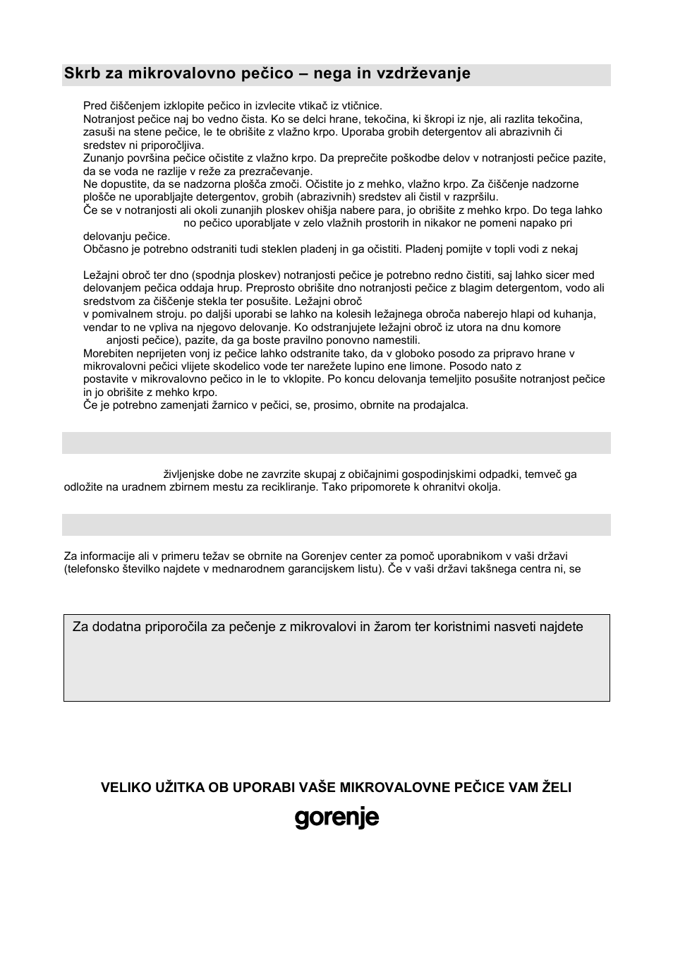 Skrb za mikrovalovno peţico – nega in vzdrņevanje, Okolje, Garancija in servis | Gorenje GMO-20 DW User Manual | Page 8 / 97
