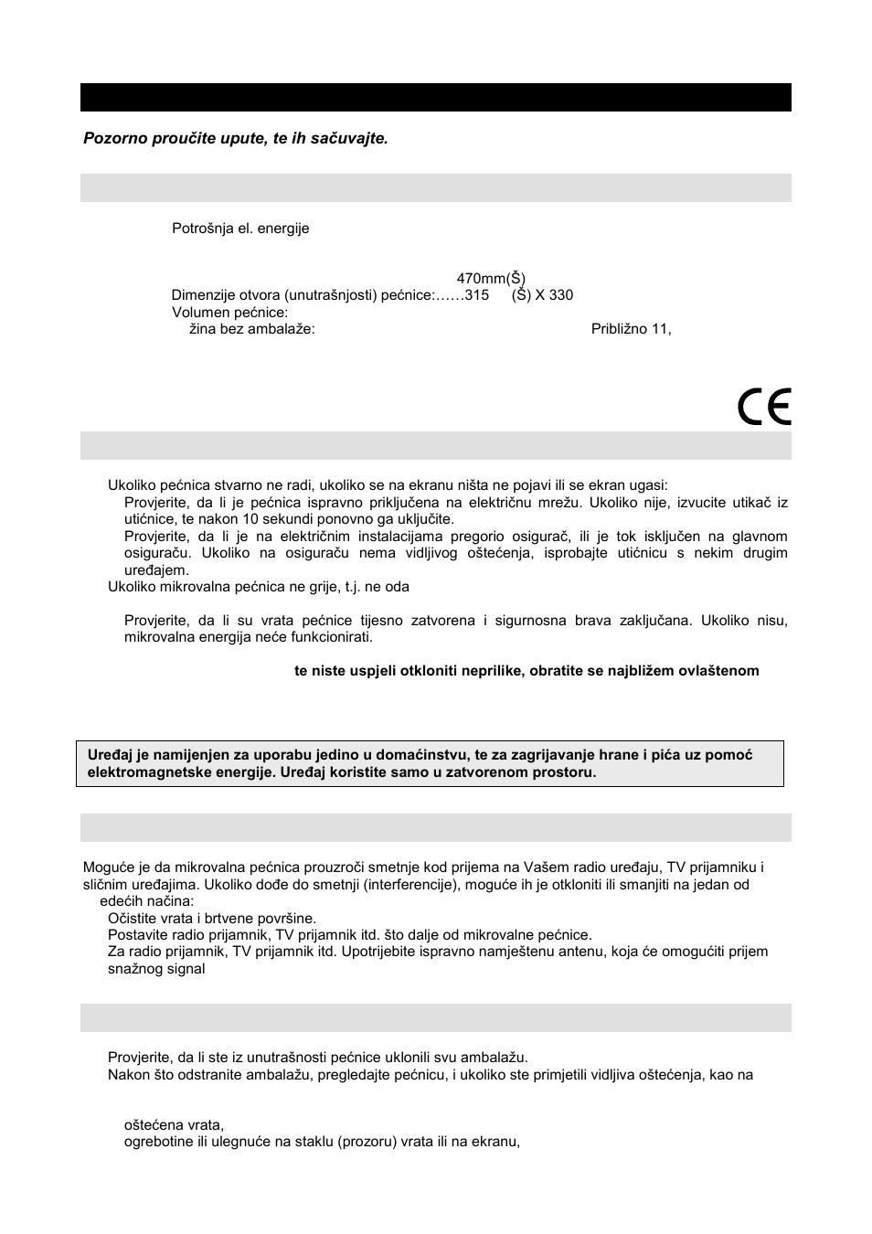 Upute za uporabu hr, Specifikacija, Prije nego pozovete servisera | Radijske smetnje (interferencija), Postavljanje | Gorenje GMO-20 DW User Manual | Page 9 / 97