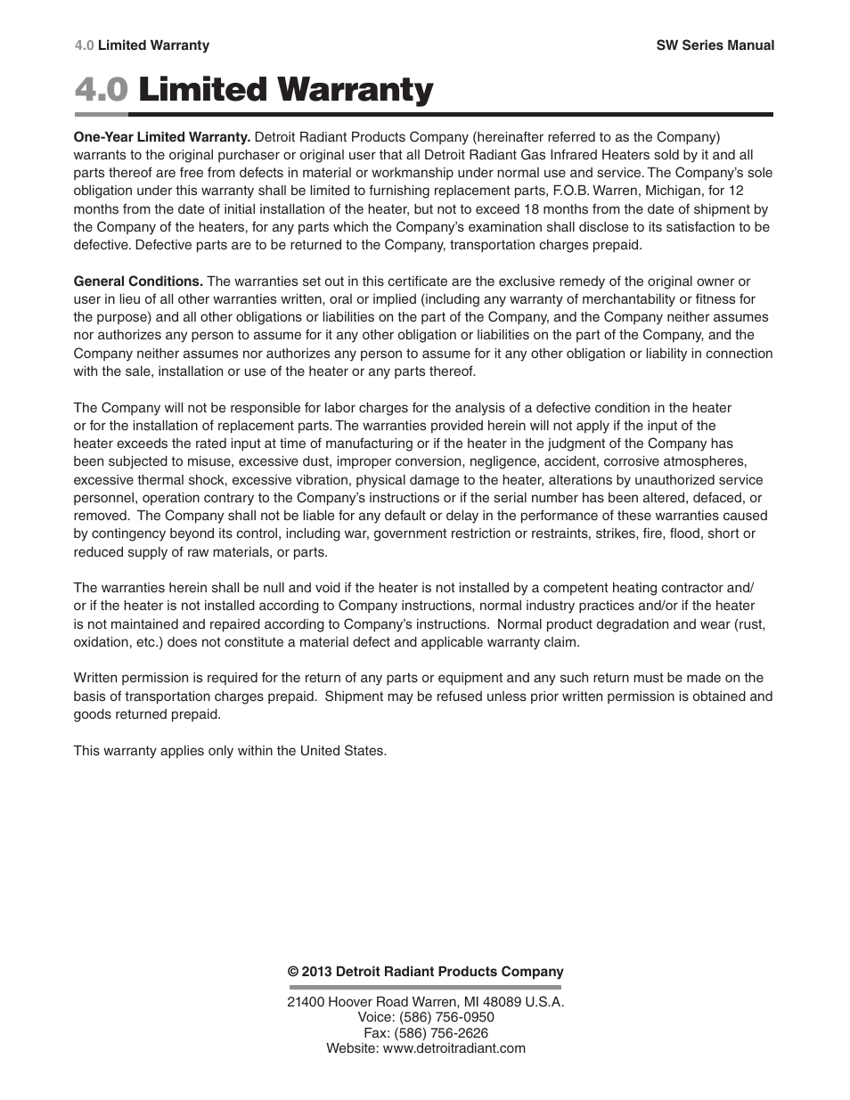 0 limited warranty | Detroit Radiant Products Company SW Series User Manual | Page 20 / 20