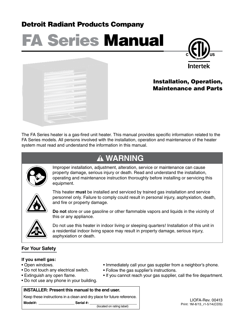 Detroit Radiant Products Company FA Series User Manual | 56 pages