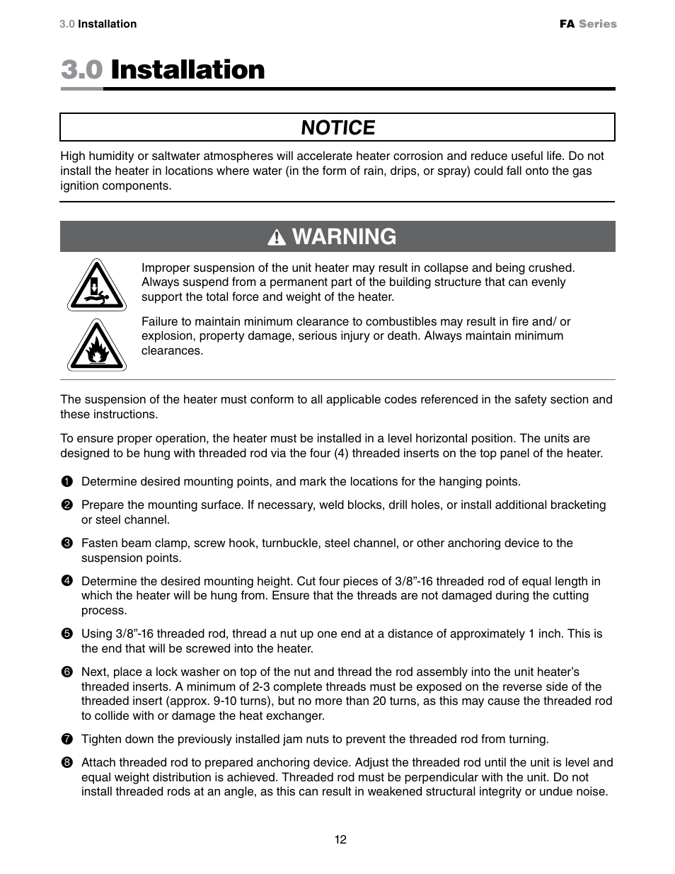 0 installation, Warning, Notice | Detroit Radiant Products Company FA Series User Manual | Page 12 / 56