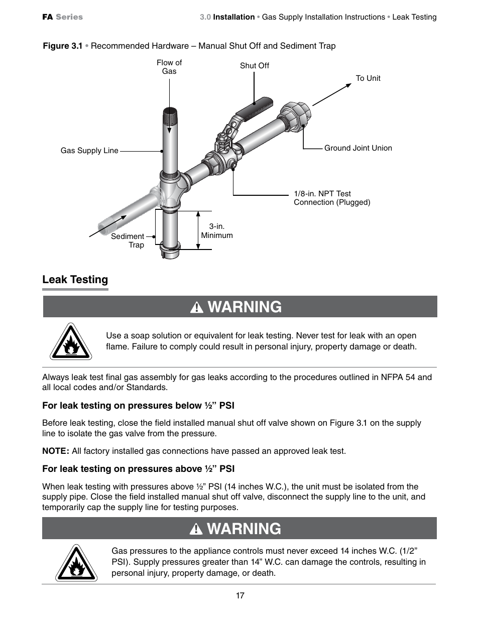 Warning, Leak testing | Detroit Radiant Products Company FA Series User Manual | Page 17 / 56