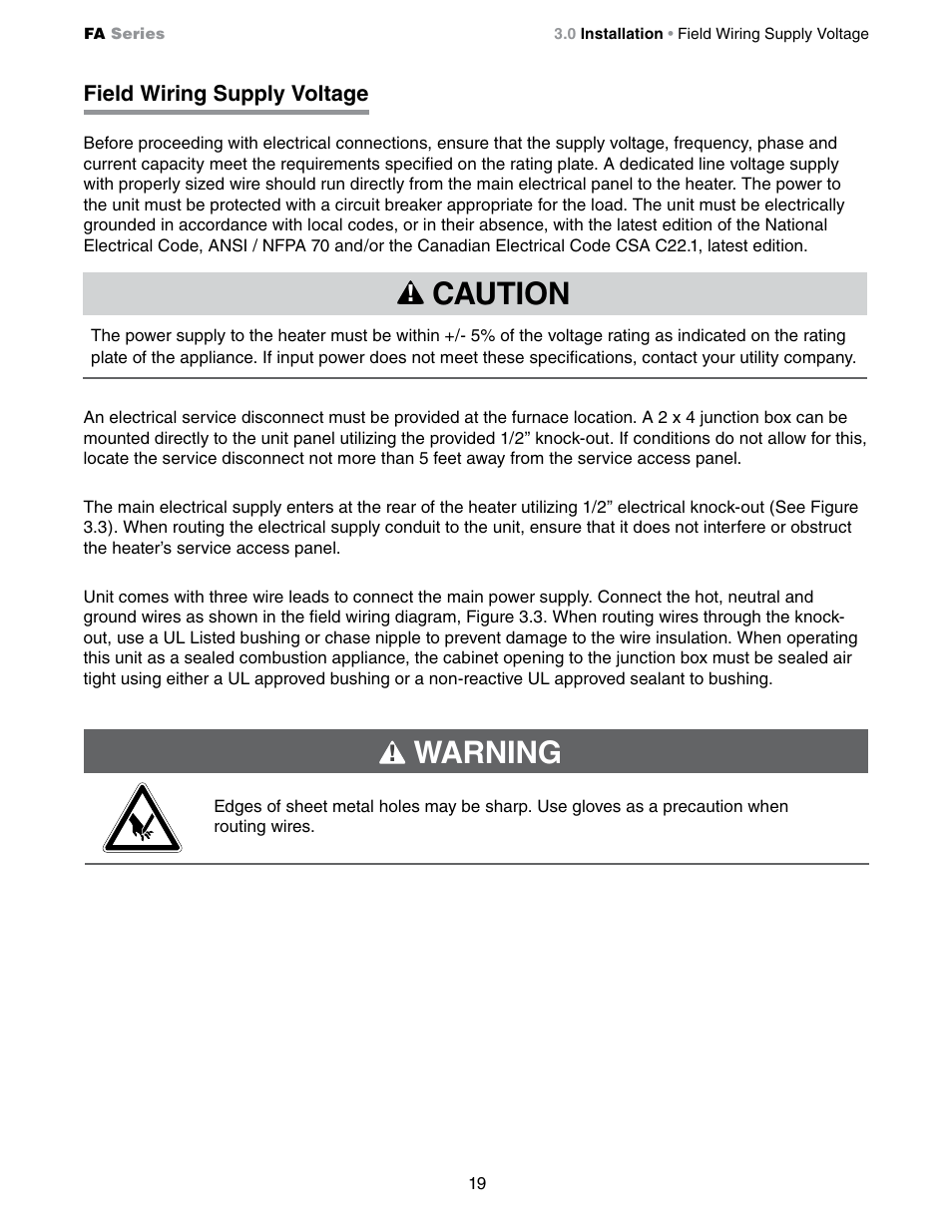 Caution, Warning | Detroit Radiant Products Company FA Series User Manual | Page 19 / 56