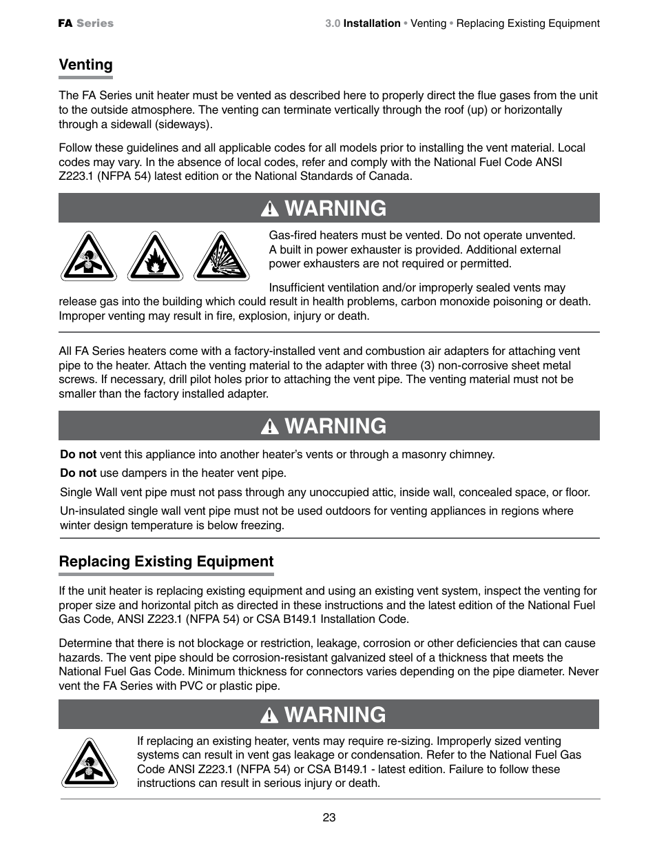 Warning | Detroit Radiant Products Company FA Series User Manual | Page 23 / 56