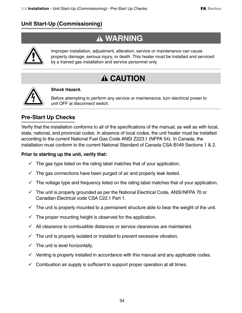 Warning, Caution | Detroit Radiant Products Company FA Series User Manual | Page 34 / 56