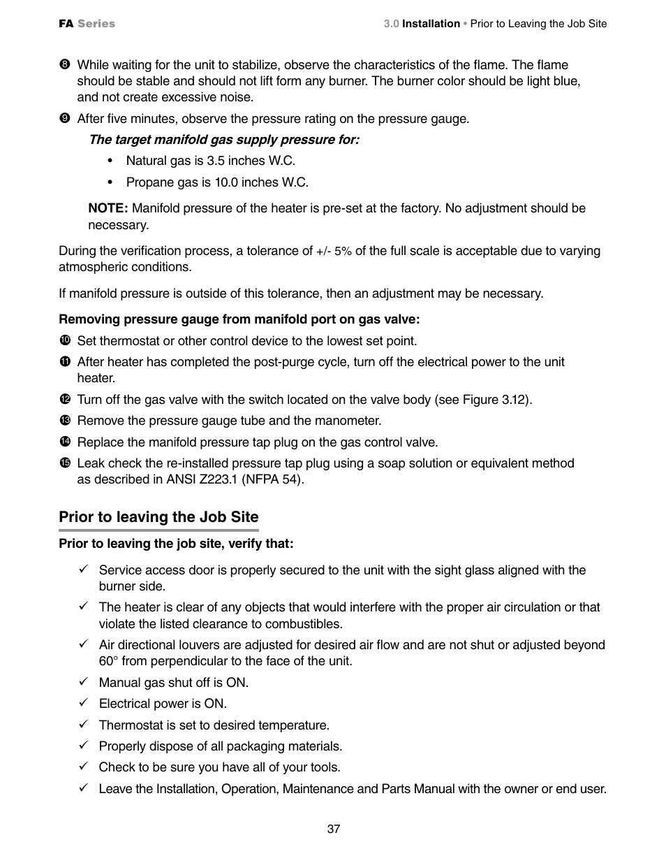 Prior to leaving the job site | Detroit Radiant Products Company FA Series User Manual | Page 37 / 56