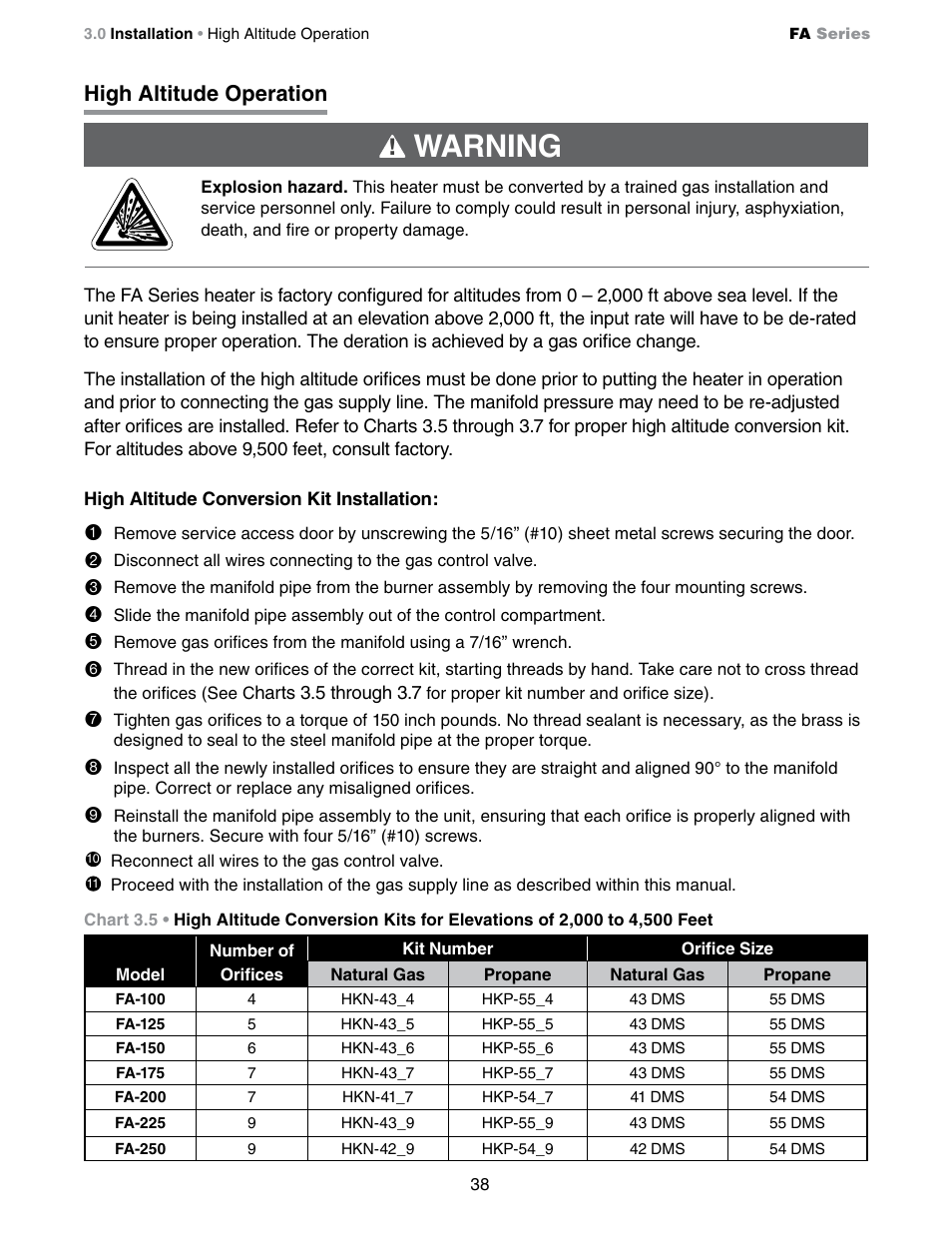 Warning, High altitude operation | Detroit Radiant Products Company FA Series User Manual | Page 38 / 56