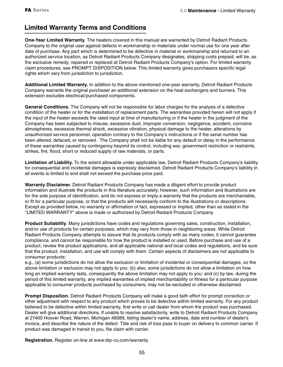 Limited warranty terms and conditions | Detroit Radiant Products Company FA Series User Manual | Page 55 / 56