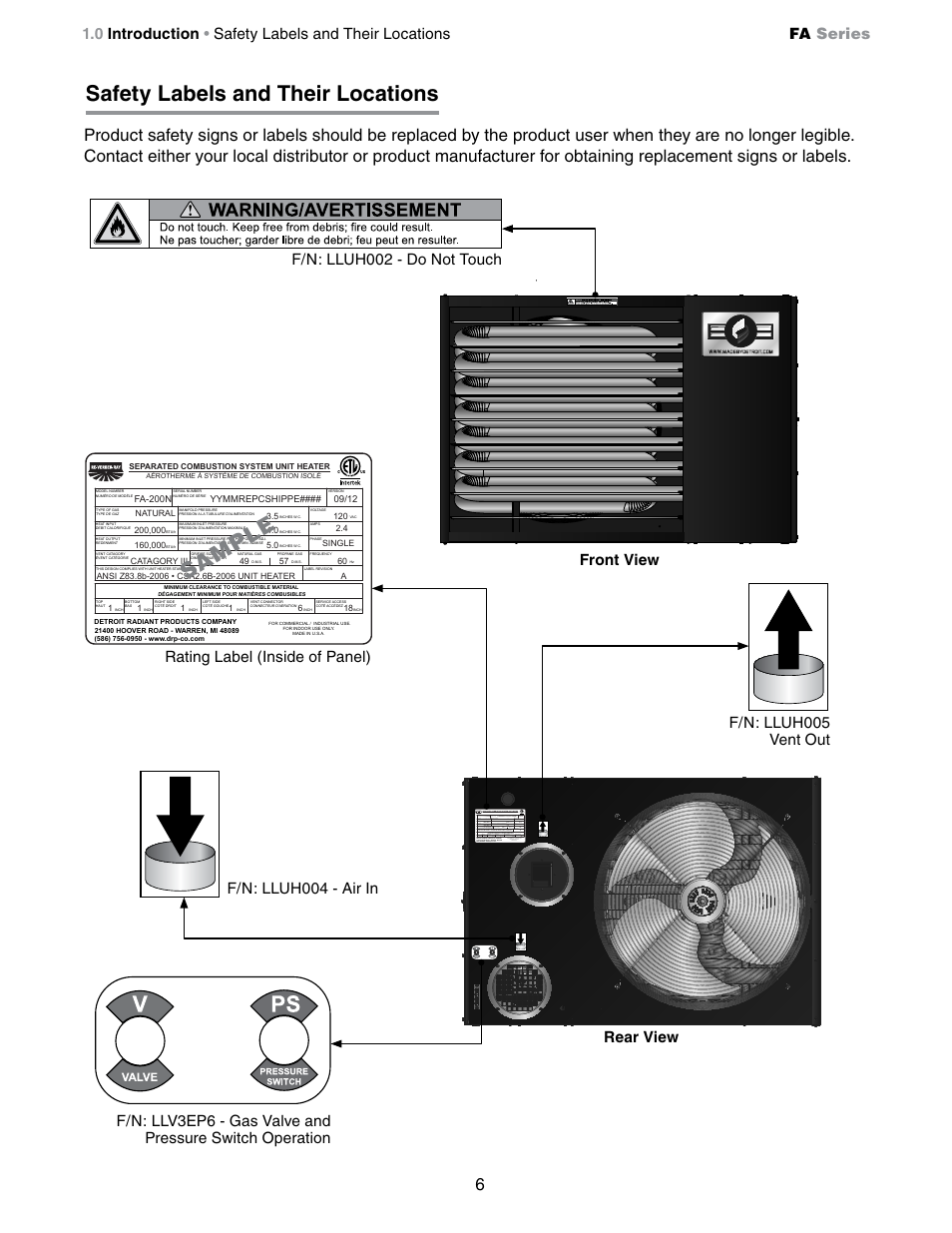 Safety labels and their locations, Sa mp le | Detroit Radiant Products Company FA Series User Manual | Page 6 / 56