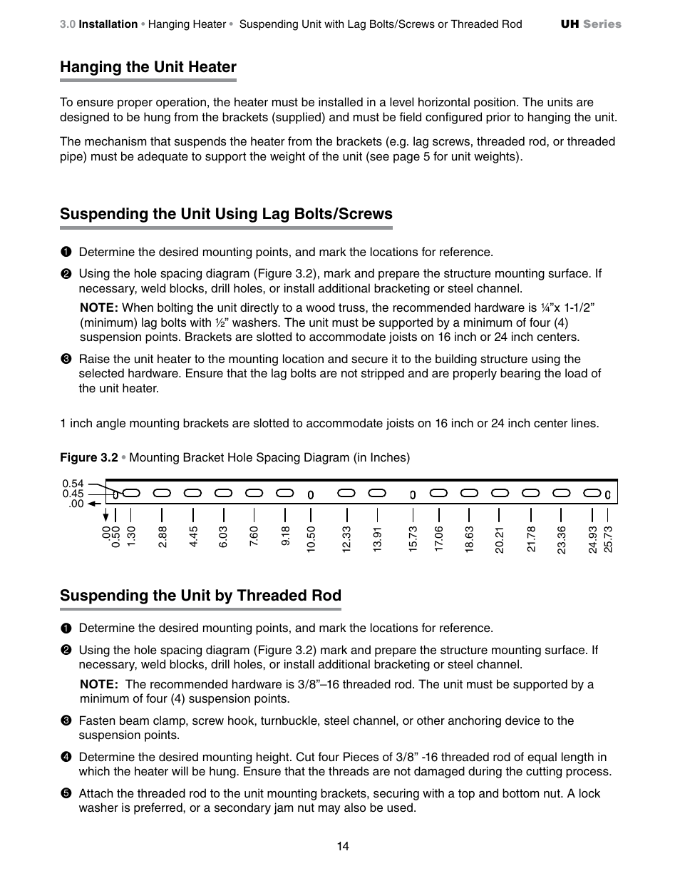 Hanging the unit heater, Suspending the unit using lag bolts/screws, Suspending the unit by threaded rod | Detroit Radiant Products Company UH Series User Manual | Page 14 / 56