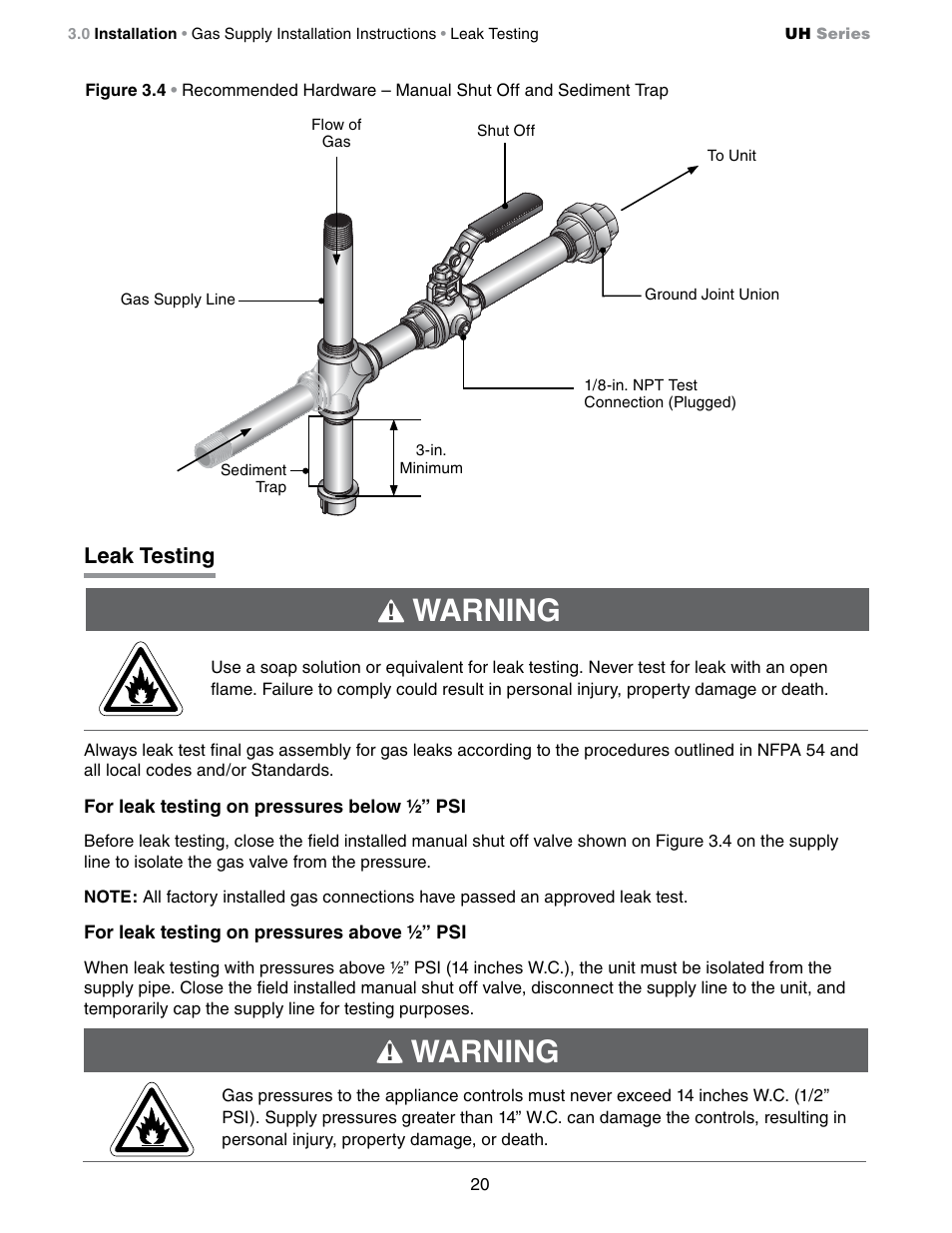 Warning, Leak testing | Detroit Radiant Products Company UH Series User Manual | Page 20 / 56