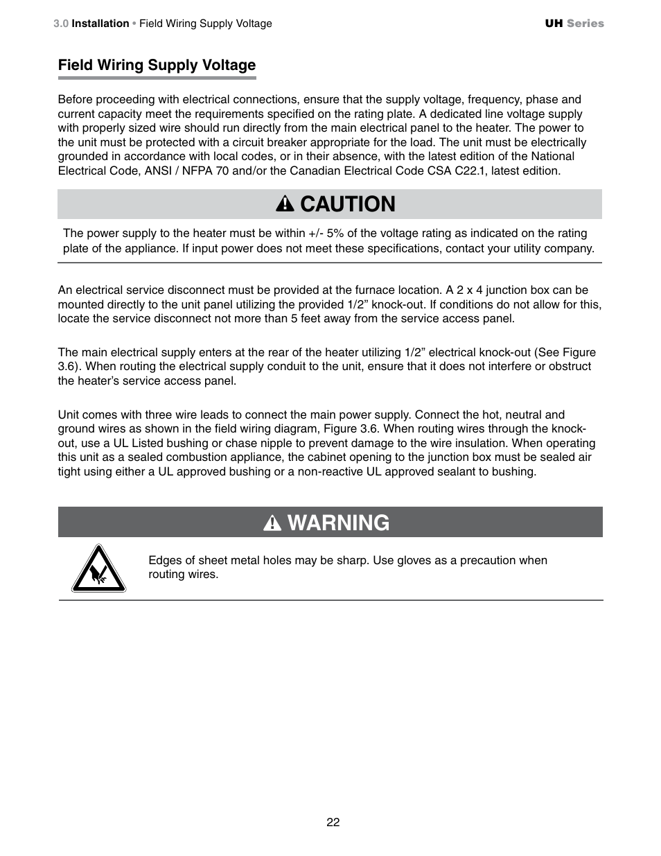 Caution, Warning | Detroit Radiant Products Company UH Series User Manual | Page 22 / 56