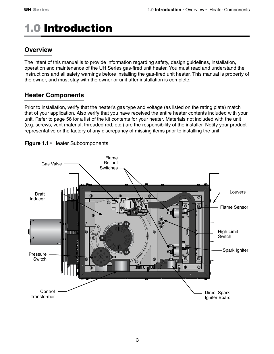0 introduction, Overview, Heater components | Detroit Radiant Products Company UH Series User Manual | Page 3 / 56