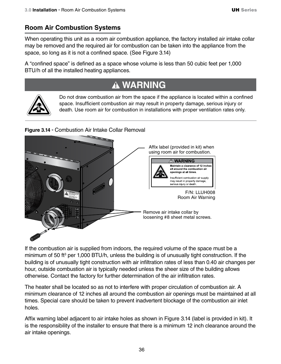 Warning, Room air combustion systems | Detroit Radiant Products Company UH Series User Manual | Page 36 / 56