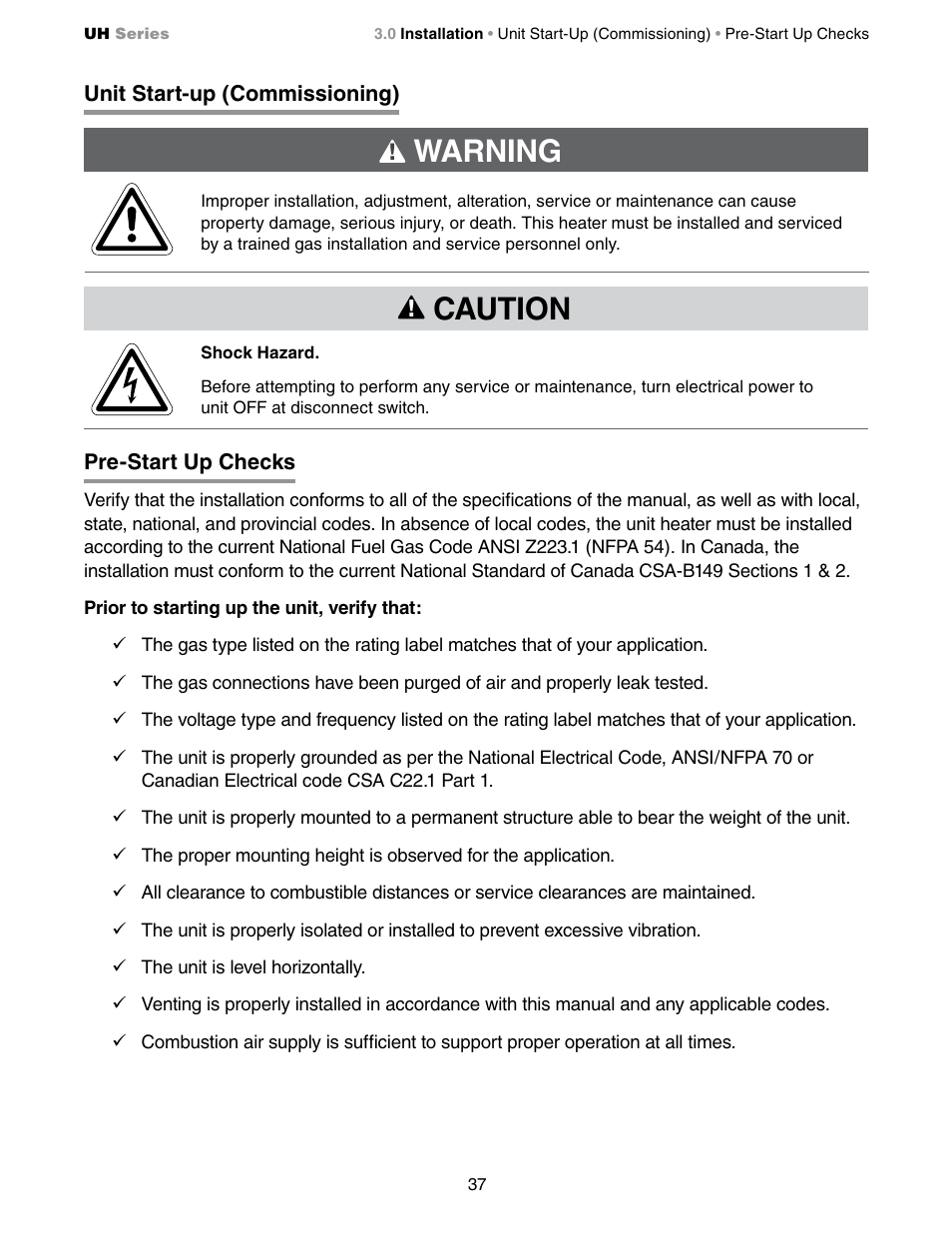 Warning, Caution | Detroit Radiant Products Company UH Series User Manual | Page 37 / 56