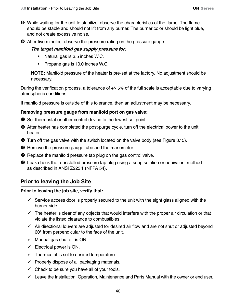 Prior to leaving the job site | Detroit Radiant Products Company UH Series User Manual | Page 40 / 56