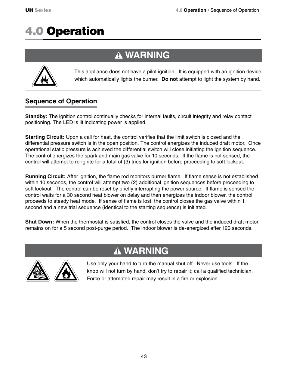 0 operation, Warning | Detroit Radiant Products Company UH Series User Manual | Page 43 / 56