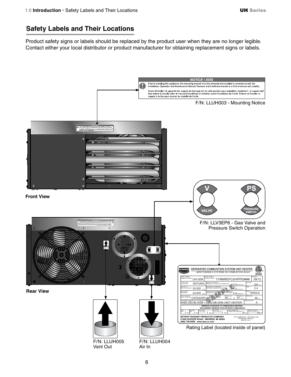 Safety labels and their locations, Sa mp le | Detroit Radiant Products Company UH Series User Manual | Page 6 / 56