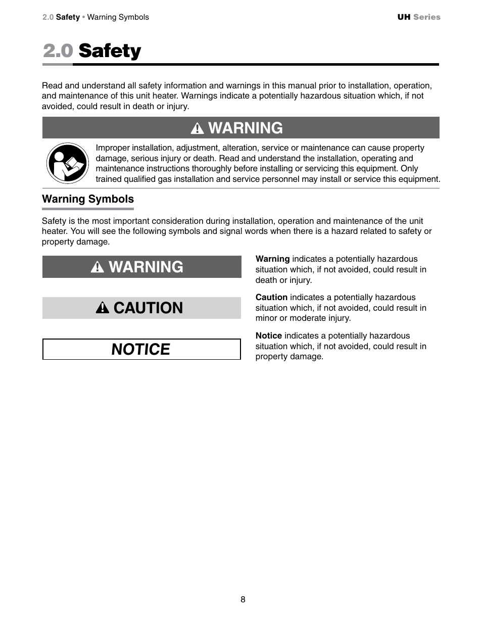 0 safety, Warning, Notice caution | Detroit Radiant Products Company UH Series User Manual | Page 8 / 56