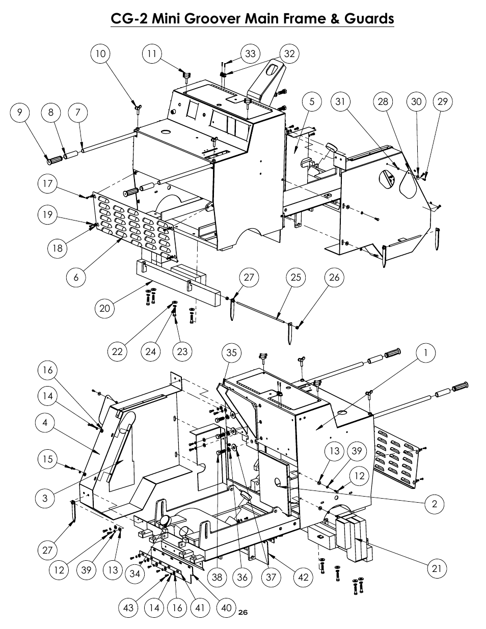 Cg-2 body assembly, Sheet1, Drawing view1 | Drawing view2, Cg-2 mini groover main frame & guards | Diamond Products CG-2 Mini Groover User Manual | Page 28 / 56