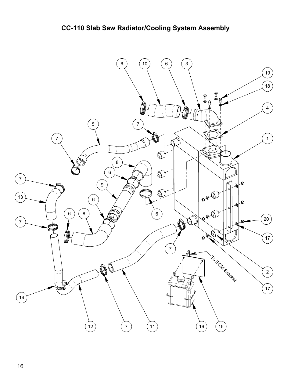 Sheet1, Drawing view1, Cc-110 slab saw radiator/cooling system assembly | Diamond Products CC110D-SS User Manual | Page 16 / 40